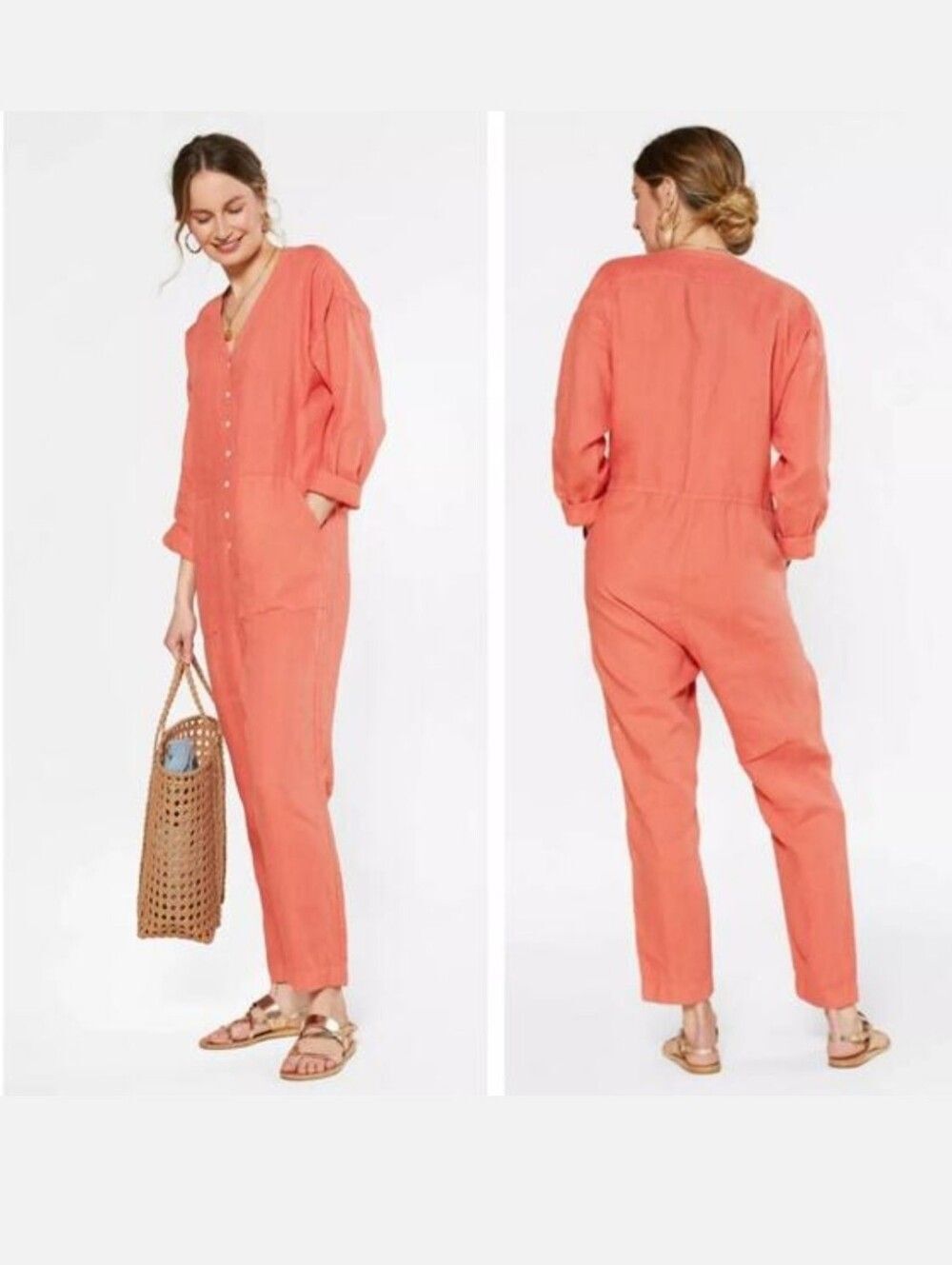 Outerknown Retrograde Coral Linen Jumpsuit Coverall Sz XS